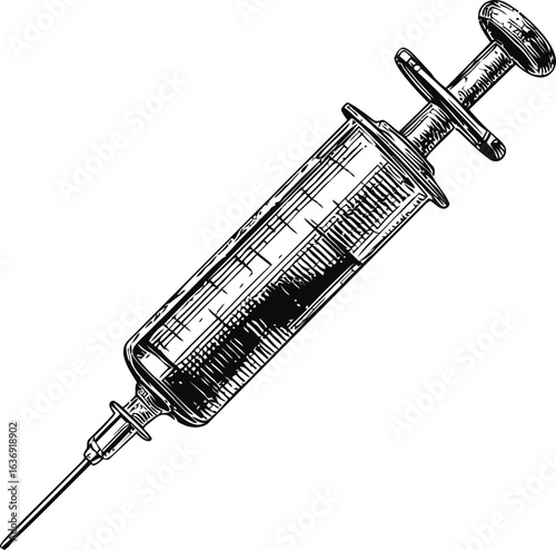 Detailed black and white illustration of vintage syringe, medical theme. Vector illustration