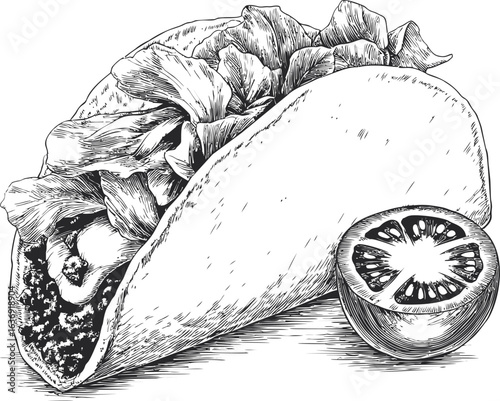 Ink drawing of a taco with lettuce and tomato slice in black and white. Vector illustration