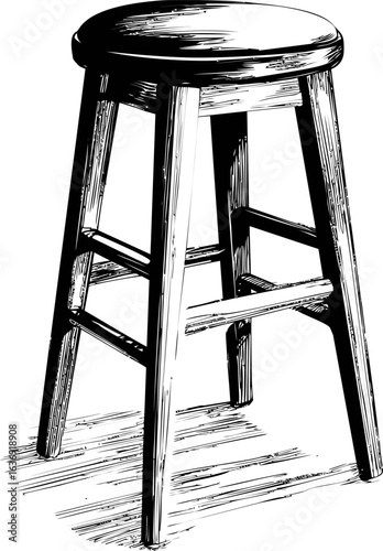 Detailed black and white illustration of a wooden stool sketch drawing. Vector illustration