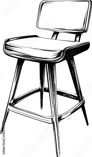 Sketch illustration of a modern wood bar stool with backrest in black and white. Vector illustration