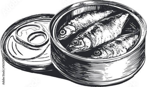 Black and white illustration of sardines in an open tin can with lid aside. Vector illustration