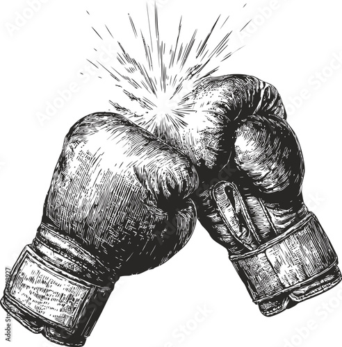 Two boxing gloves striking with a burst of energy in black and white. Vector illustration