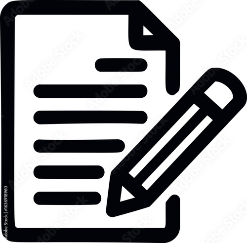 Black and white icon of a document with a pencil. Vector illustration