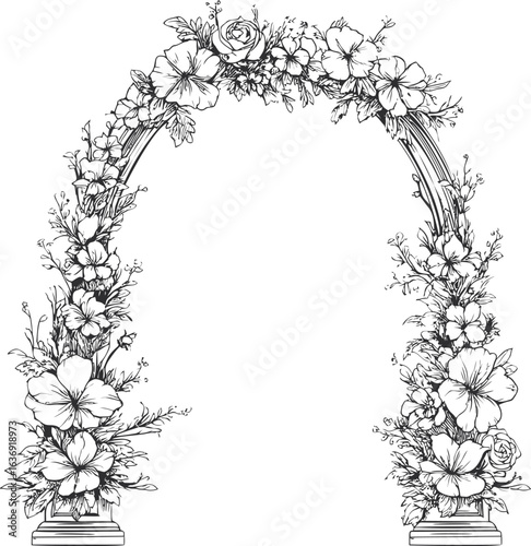Ornate floral arch with detailed flower engravings and botanical design. Vector illustration