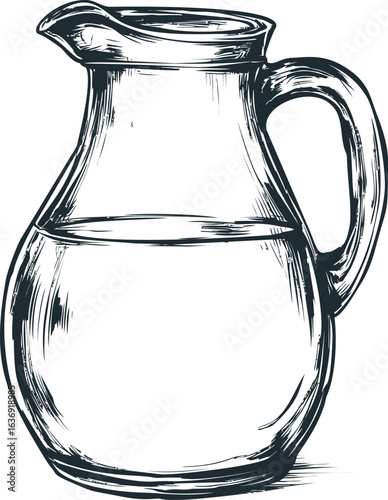 Illustration of a clear glass water pitcher with artistic sketch style lines. Vector illustration