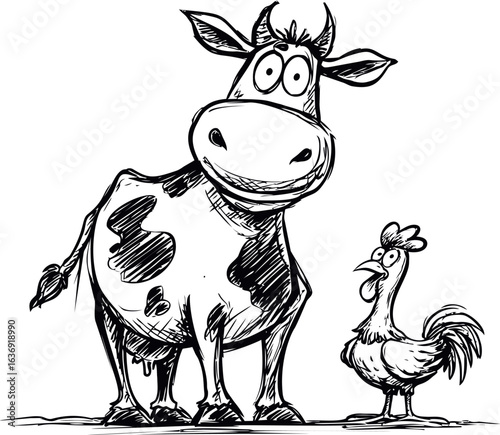 Cartoon cow and chicken in black and white sketch with humorous expressions. Vector illustration