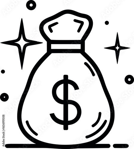 Money bag outline with dollar sign and sparkles representing wealth concept. Vector illustration