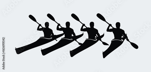 Four kayakers paddling in unison on a light background