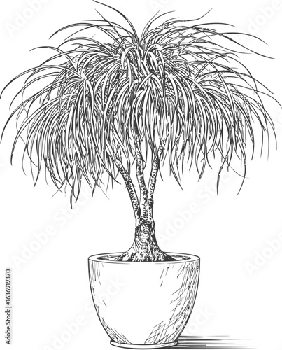 Line drawing of ponytail palm in pot. Vector sketch illustration