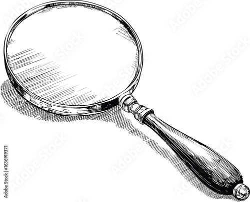 Hand-drawn illustration of a vintage magnifying glass with wooden handle. Vector illustration