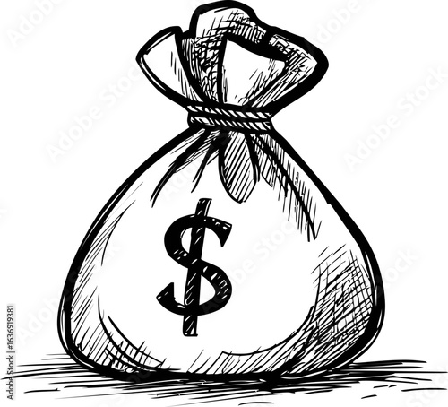 Sketch of a money bag with a dollar sign, black and white ink. Vector illustration