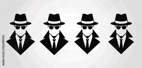 Four stylized silhouettes of men in suits and hats