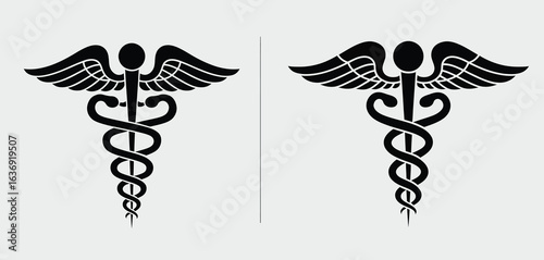 Two black caduceus symbols with wings on a light gray background