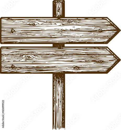 Wooden two-way arrow signpost with detailed texture sketch. Vector illustration