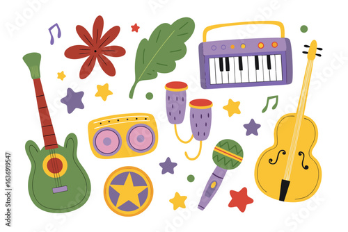 Melody of Instruments: A collection of illustrated musical instruments and decorative elements, capturing the essence of sound and creative expression. 