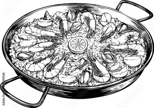 Black and white illustration of seafood paella with lemon slice and prawns. Vector illustration