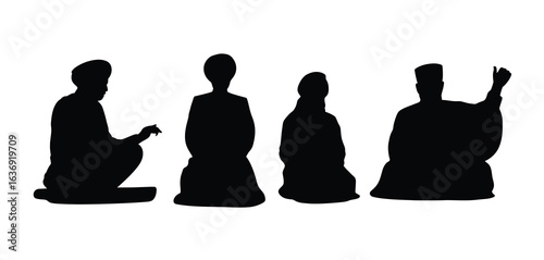 Silhouettes of four people in traditional japanese clothing in various poses