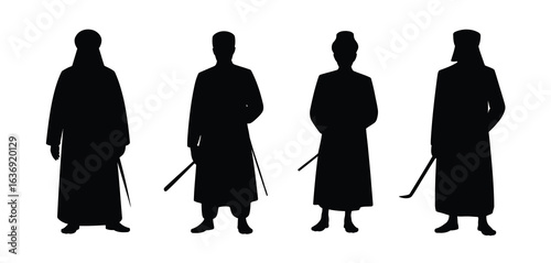 Silhouettes of four men in traditional historical clothing with swords