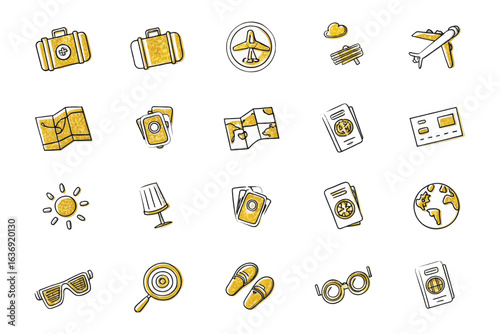 Travel Icon Set: A delightful collection of whimsical travel icons perfect for enhancing any creative project. The set includes charming illustrations such as suitcase, airplane, map and passport.