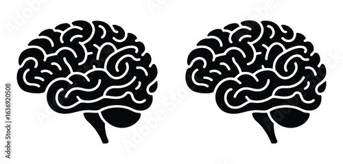 Two stylized black and white silhouettes of human brains facing each other