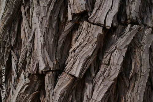 Detailed macro view of aged tree bark, showcasing the rough, weathered texture and deep natural grooves of the trunk.