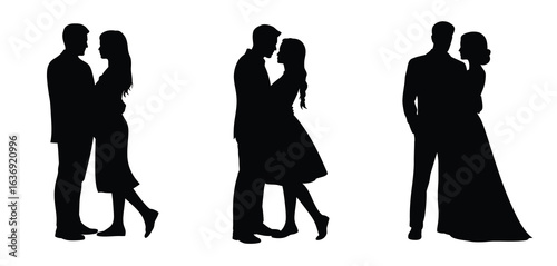 Silhouettes of couples dancing and embracing in romantic poses