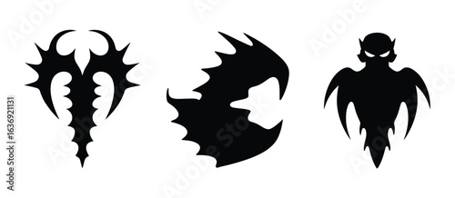 Three spooky silhouette designs of fantasy creatures and symbols