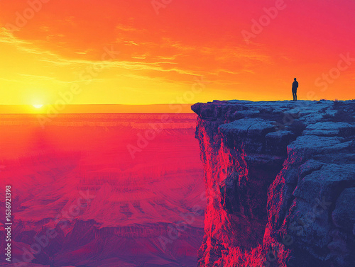 A serene sunrise over the Grand Canyon, with light streaming across the rocky cliffs and casting long shadows. A lone traveler stands at the edge