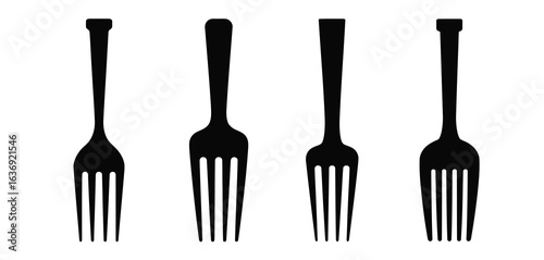 Four black silhouettes of forks lined up against a white background