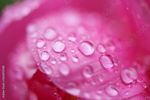 Macro photograph of a delicate pink peony petal covered in fresh morning dew drops. A beautiful close-up of nature's beauty.