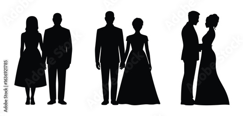 Three silhouette couples in formal attire for wedding or event