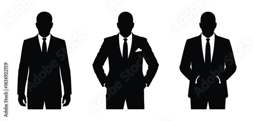 Three silhouettes of men in business suits standing against a white background