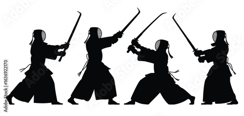 Four silhouetted figures practicing kendo sword fighting in unison
