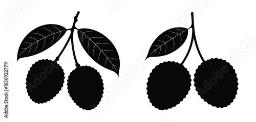 Black silhouette of two branches with leaves and fruit on a white background