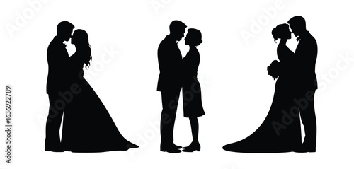 Romantic couple silhouettes embracing on white background