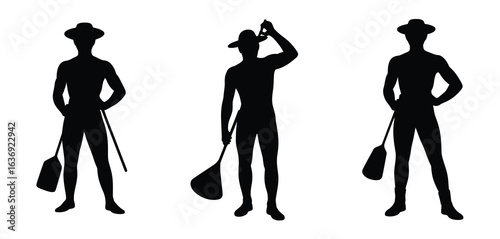 Three silhouettes of a man with a broom and hat