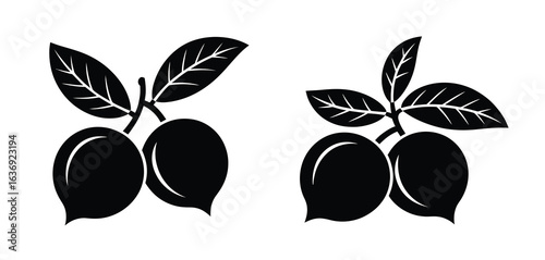 Two stylized black and white drawings of plums on branches with leaves