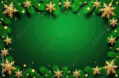Christmas gold stars snowflakes on grunge green background border. Festive holiday season fantasy decorative design for Xmas New Year, Yule, Noel.