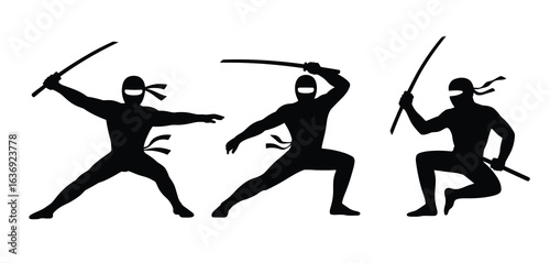 Three silhouettes of ninjas in action poses with swords