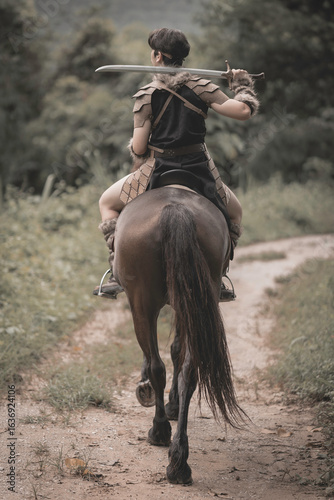 A fantasy ancient warrior riding a horse in the forest with a dramatic action scene.