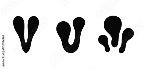 Three distinct black animal footprints on a white background
