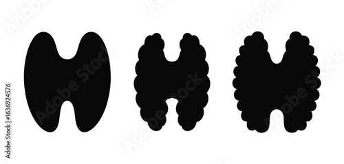 Three stylized black silhouettes of the human thyroid gland