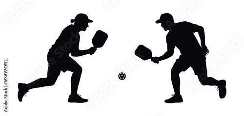 Two silhouetted pickleball players competing against each other