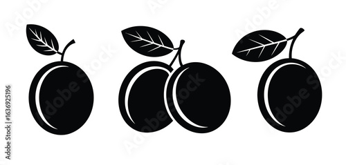 Simple black and white illustration of plums on branches with leaves