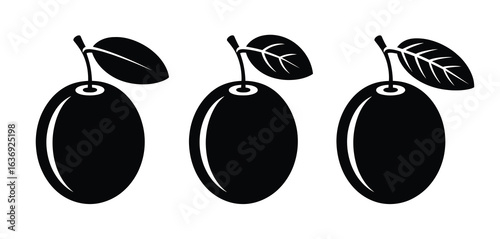 Three stylized black plums with leaves on a white background