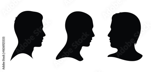 Three black silhouettes of male heads in profile facing different directions