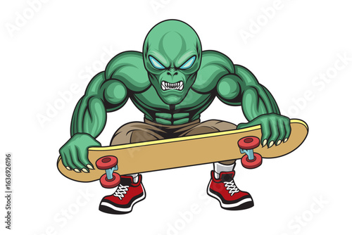 alien skateboarding cartoon mascot vector illustration design