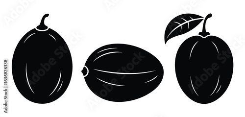 Three black silhouettes of dates with a leaf