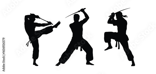 Silhouettes of three martial artists in dynamic poses with staffs