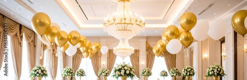 Glamorous ballroom with gold and white balloons, chandeliers, and floral centerpieces — luxury decor for wedding receptions, parties, and premium event marketing.
